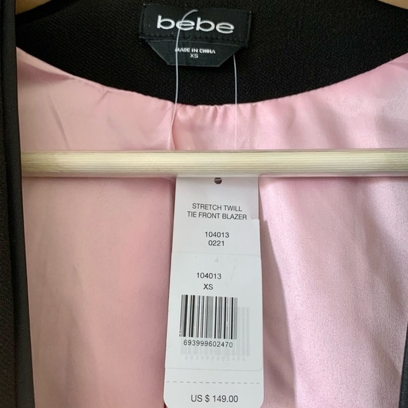 [🌟 PRICE FIRM] Bebe Black Stretch Tie-Front Puff-Shoulder Fitted Peplum Blazer - Picture 6 of 7